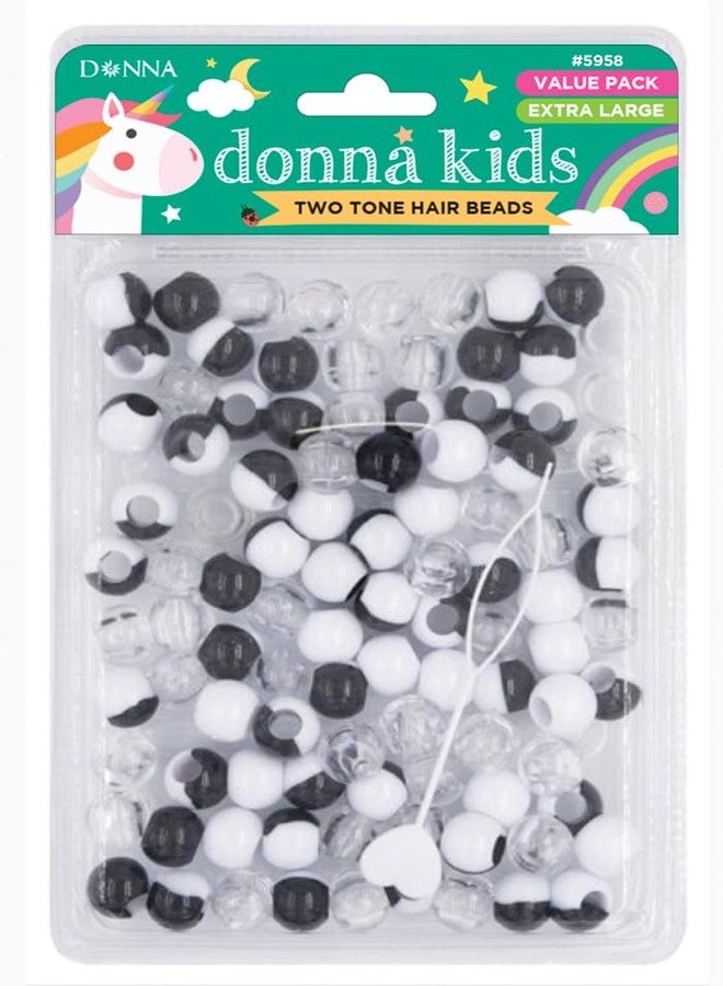 DONNA Kids Two Tone Hair Beads - Extra Large Pony Beads for Braids, Twists & Ponytails - Black White Assorted Colors with Threading Tool - Value Pack for Girls